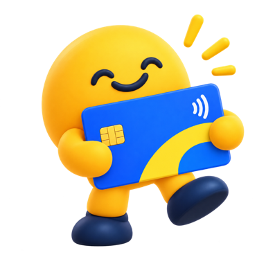 Maskot eMoney Ku memegang kartu